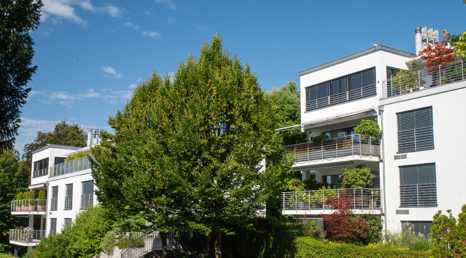 Two identical white multi-apartment 4-storey buildings, where there are plants on all balconies.