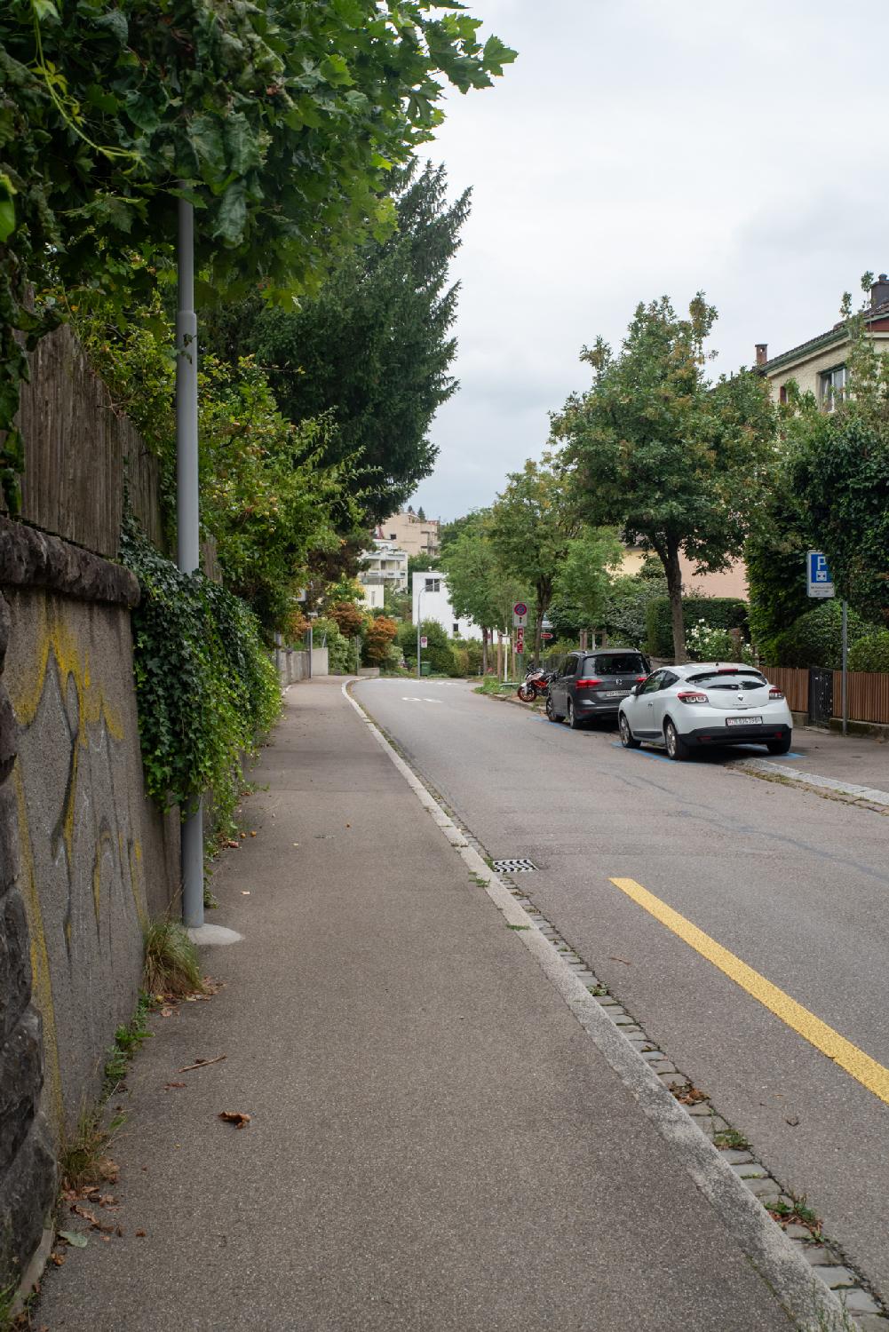 A residential street, curving right and going downwards. The left side shows a wall and trees/shrubs, the right side has a couple of cars and buildings. There's a few more buildings in the background, by the curve of the street.