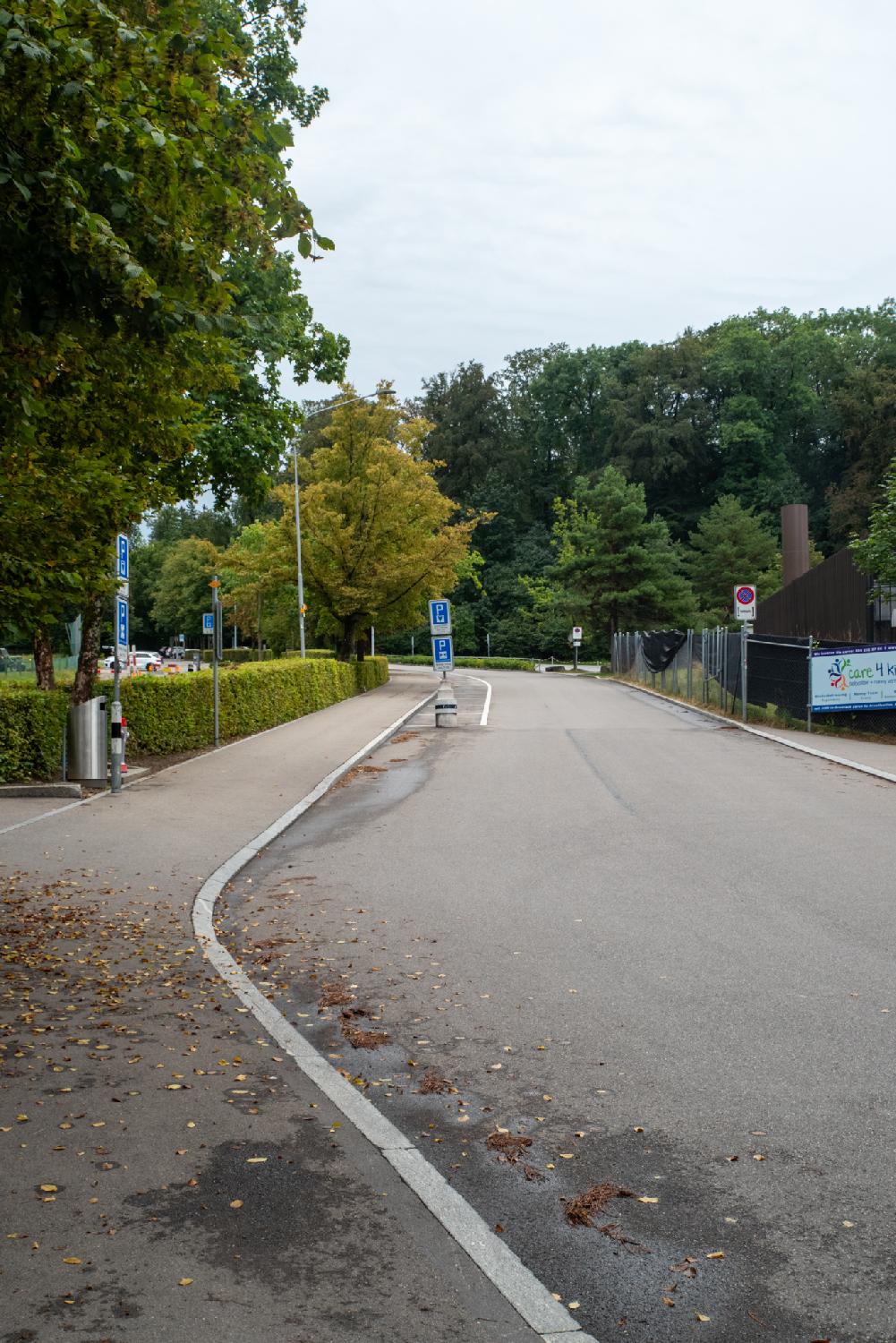 A curved street between trees. On the left side, a hedge and some empty parking spots. On the right side, the building of a daycare. In the background, trees and a cloudy sky.