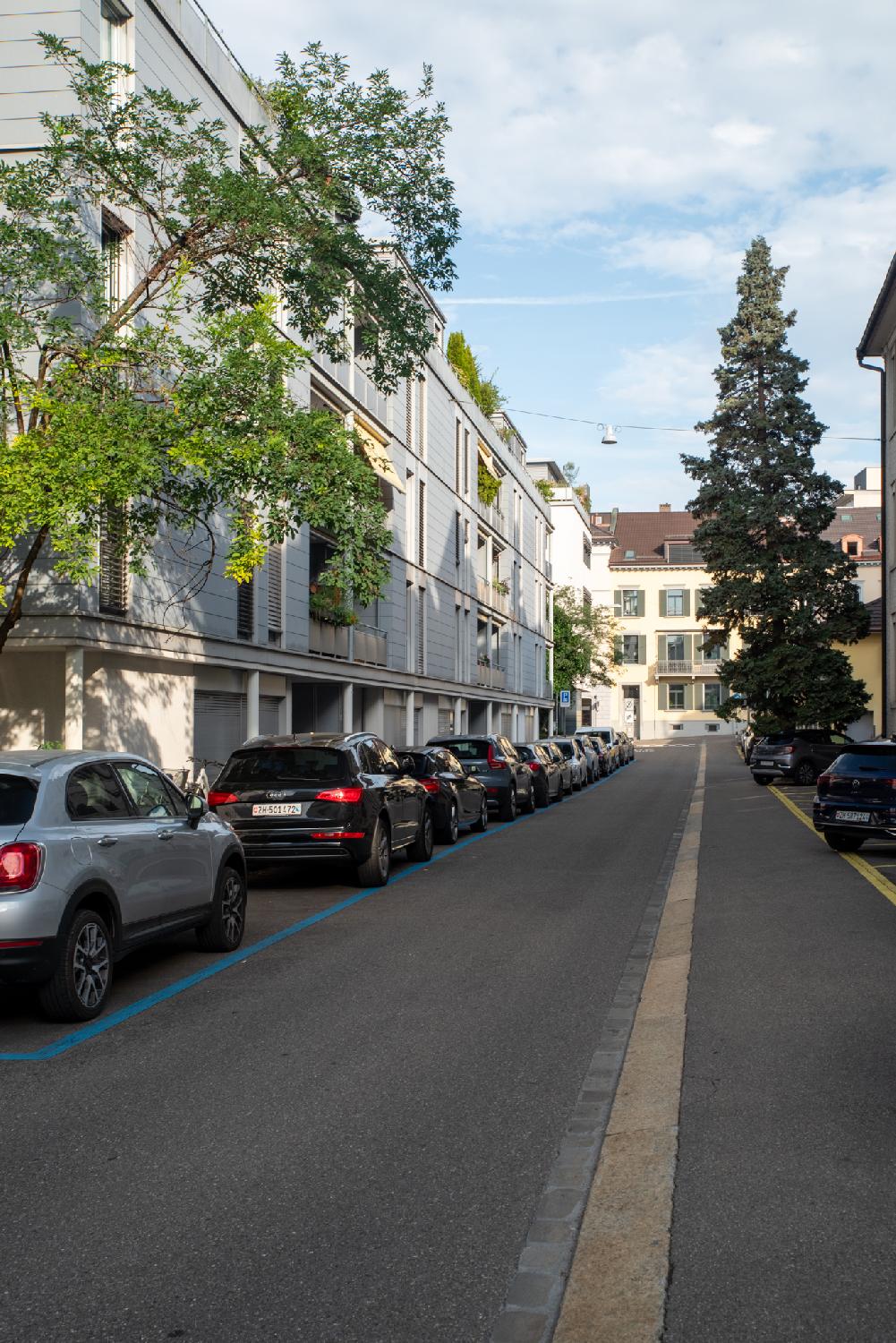 A narrow street with a long building and cars parked on the left.