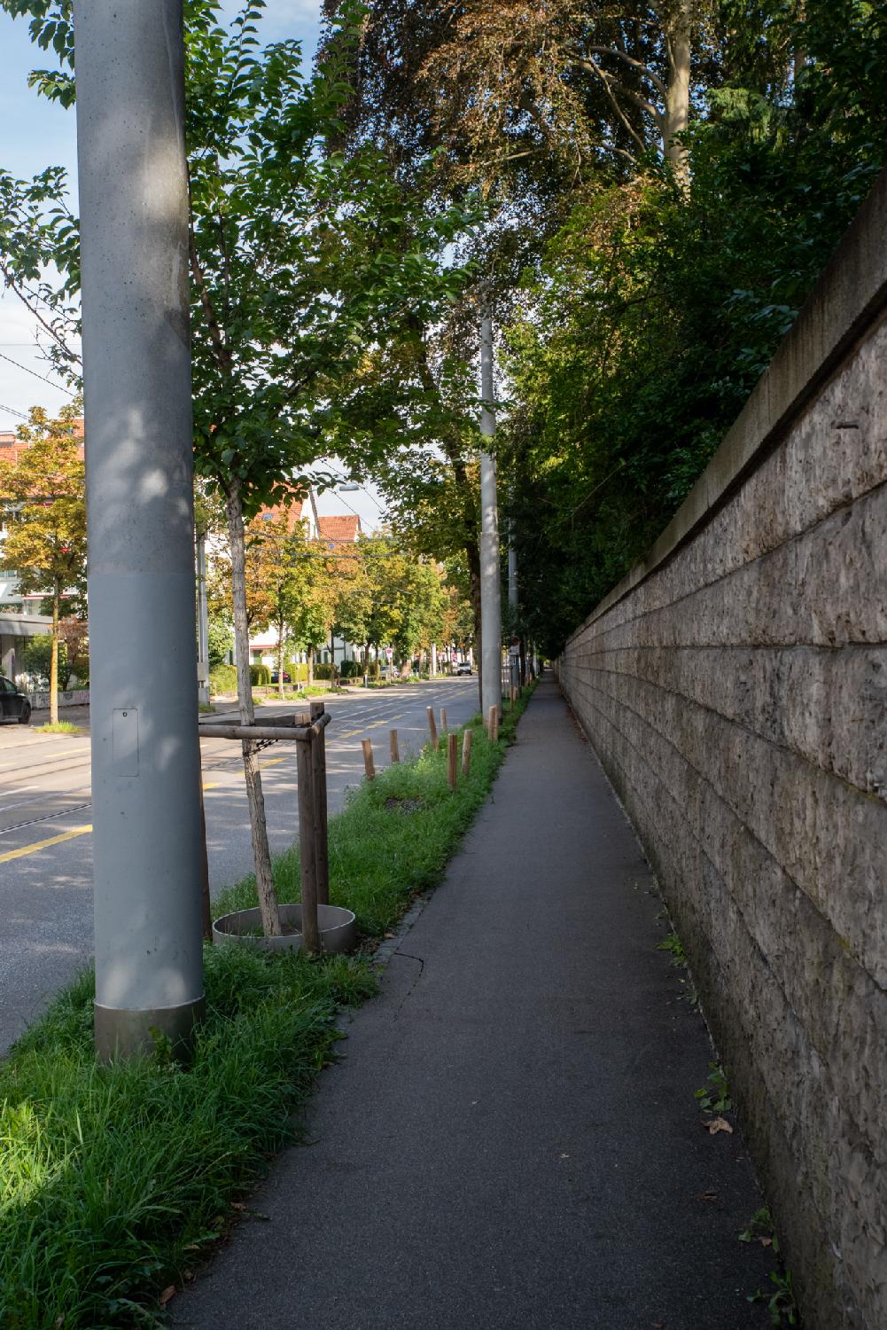 A pedestrian path separated from the street by some grass, trees and poles. On the right of the picture, a very long stone wall that vanishes to infinity.