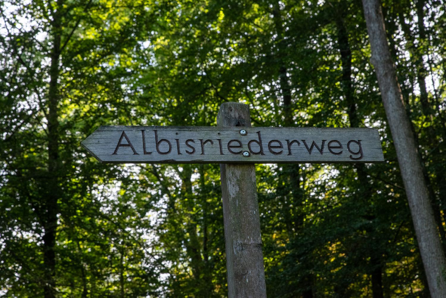 A wooden path sign indicating Albisriederweg with some forest in the background