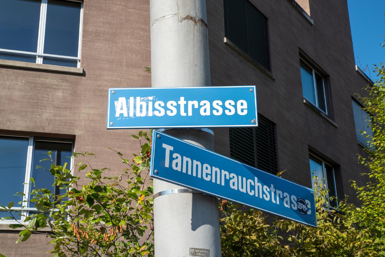 Blue street signs for Albisstrasse and Tannenrauchstrasse, mounted on a grey pole