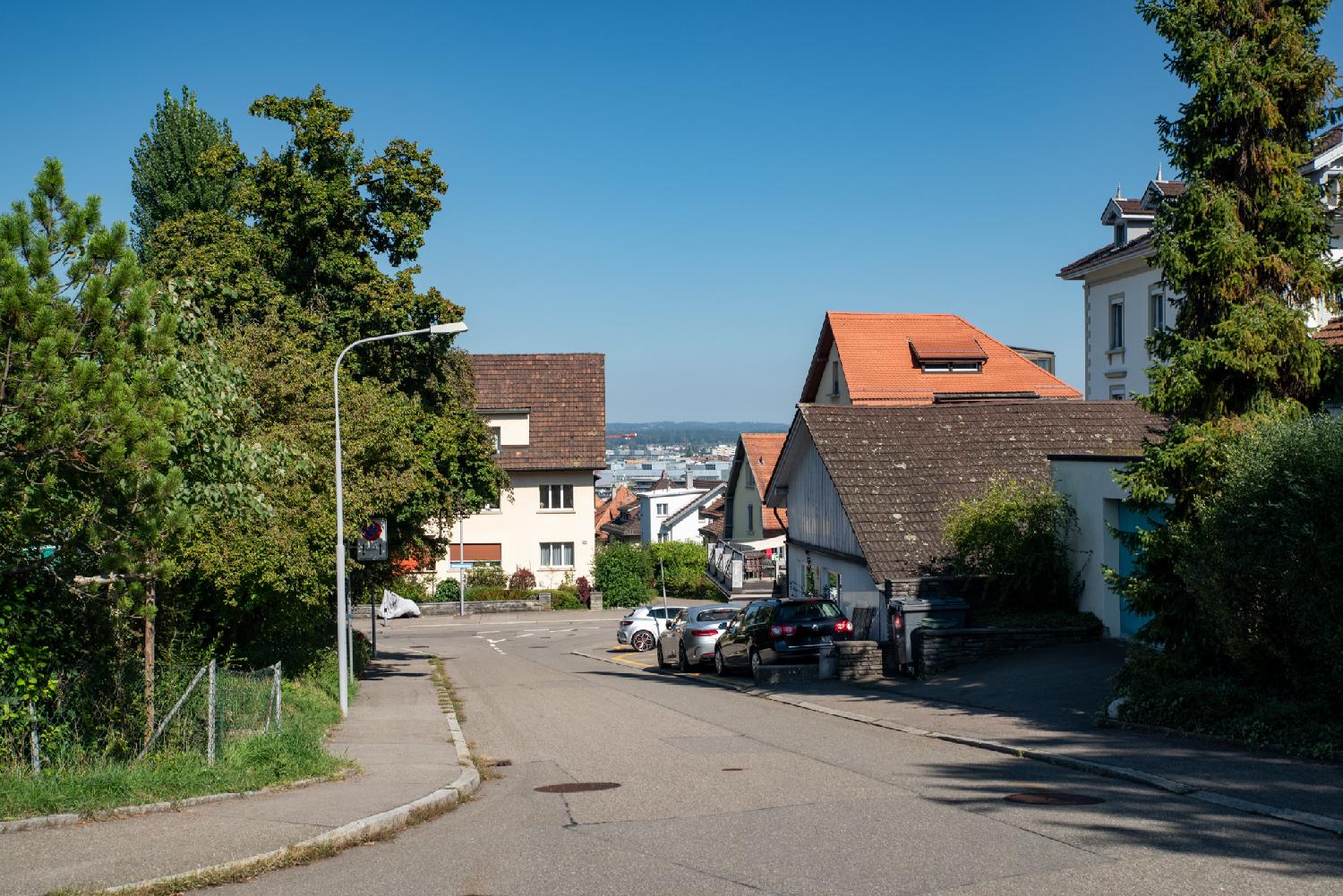 Althoosstrasse in Zürich: a curved two-way street with some trees, some 2-3 story habitation bulidings, and cars parked on the right side.