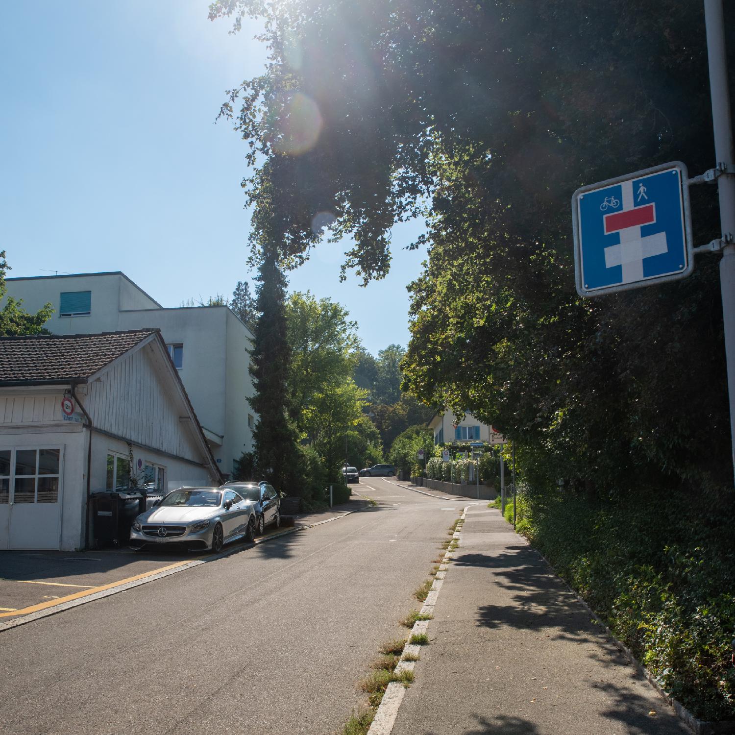 Althoosstrasse in Zürich: a street that has a "dead end with bike and pedestrian exception" sign, a lower building with a wooden gable end, and a couple of cars and trash cans in front of it. The street is residential, a few low buildings are visible, as well as trees and hedges.