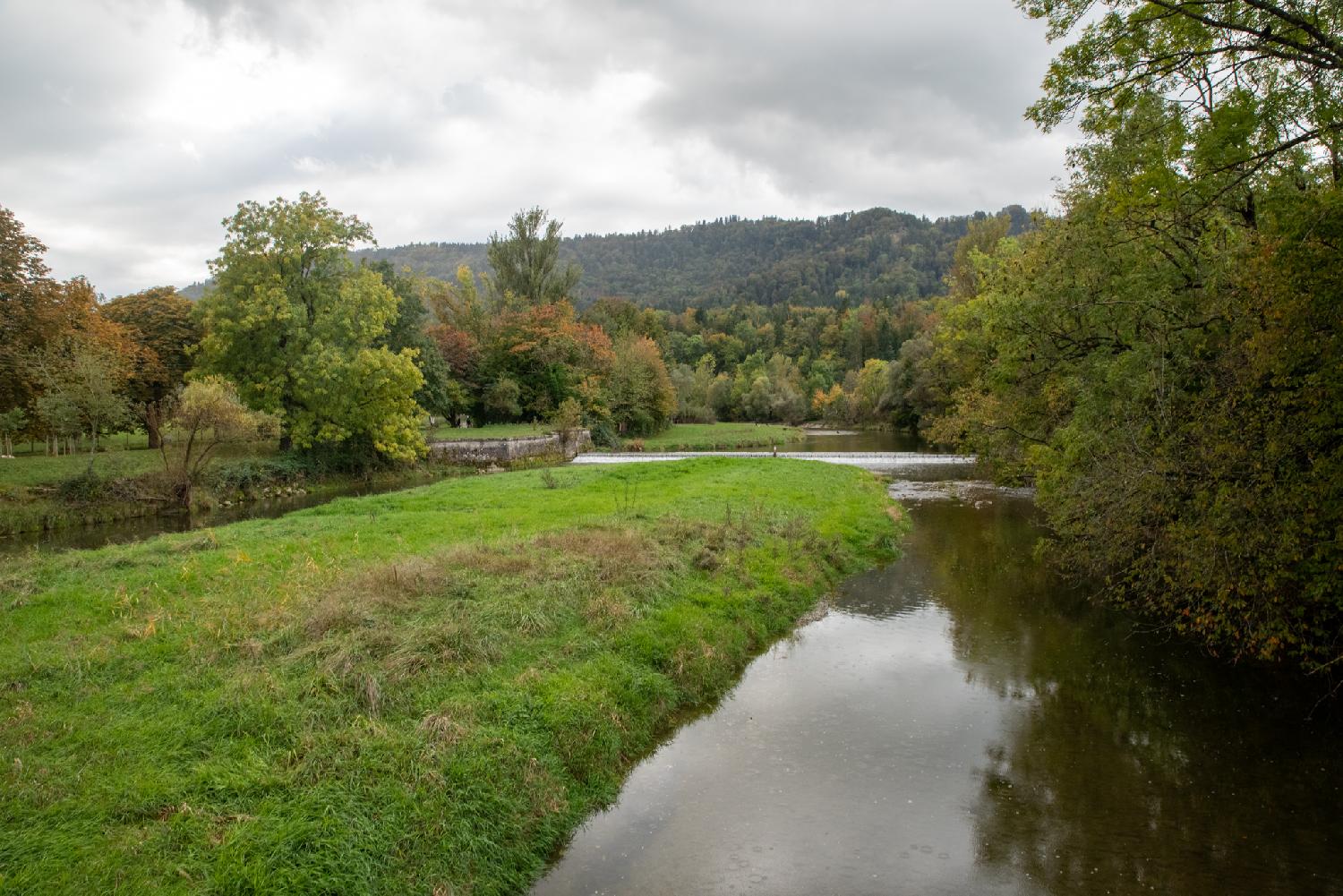 View on the Sihl and the Uetliberg from Allmendbrücke in Zürich: a quiet river with a hill in the background and a meadow on the left side