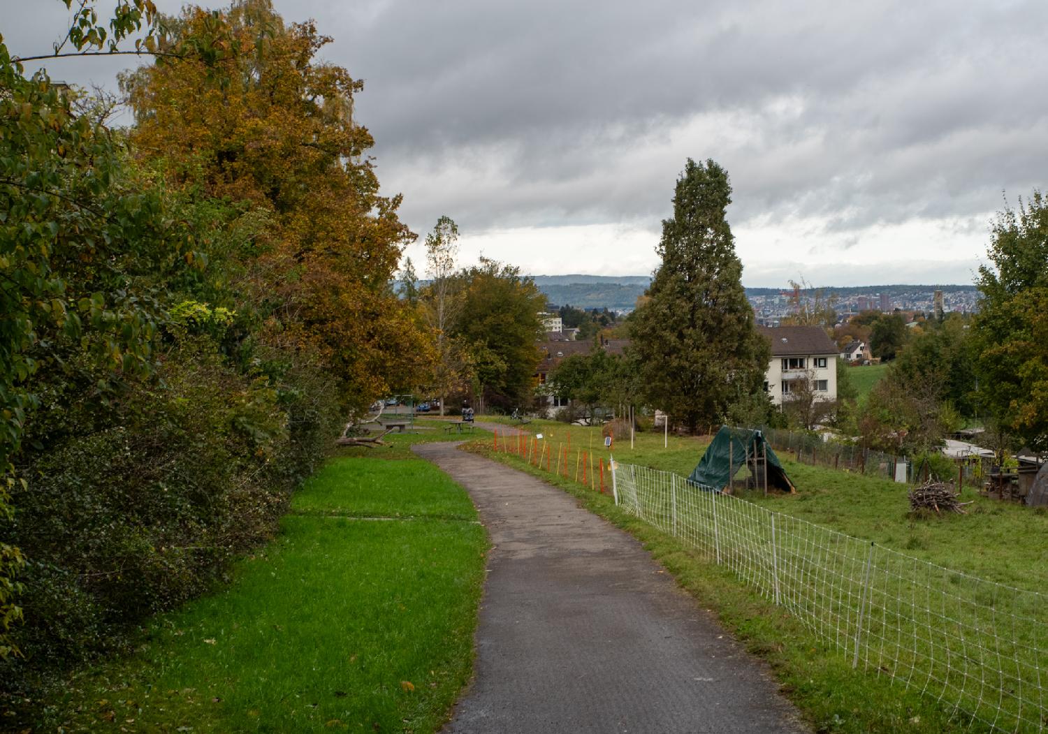 Alter Kirchenweg in Zürich: a pedestrian asphalt path next to a field, with the city in the far away background