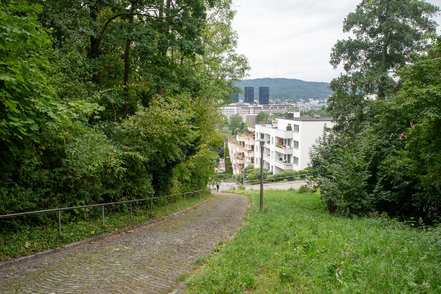 A paved pedestrian path, going downwards, with dense trees and a metallic rail on the left, lower vegetation on the right, and a lot of buildings in the background. In particular, there are three large black high rise protruding from the cityscape.