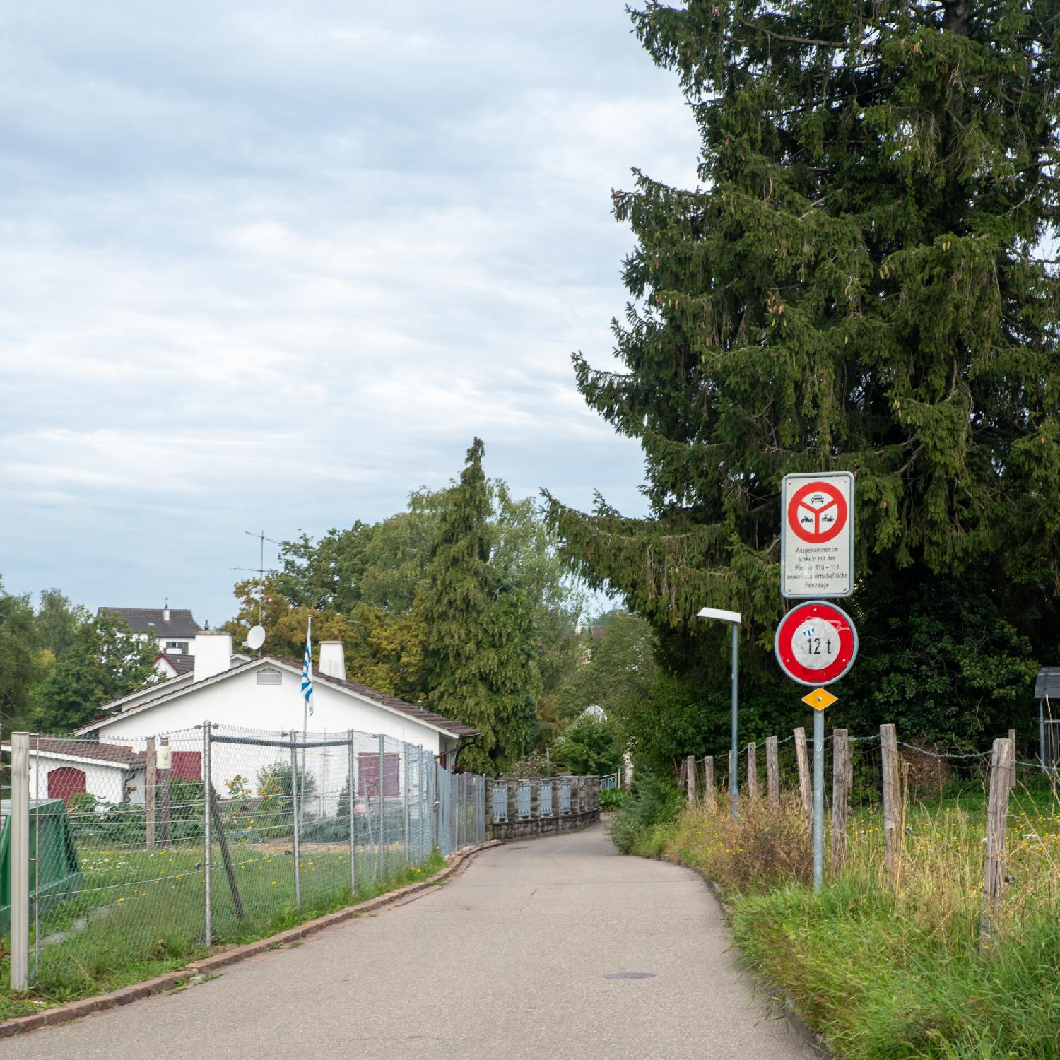 Am Hönggerberg in Zürich: a pedestrian asphalted path with fences on both sides, a low house on the left side, a couple of traffic sign and a large pine tree on the right side.