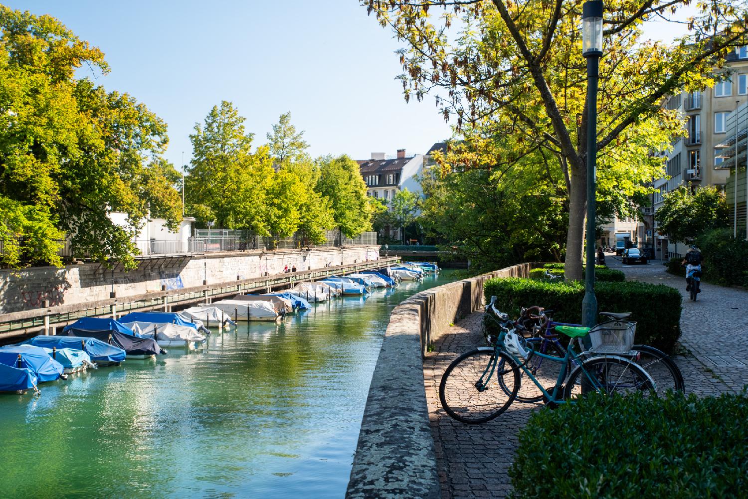 Schanzengraben: a canal with green reflections of the trees above and ~20 small boats under tarps, seen from a paved street alongside it.