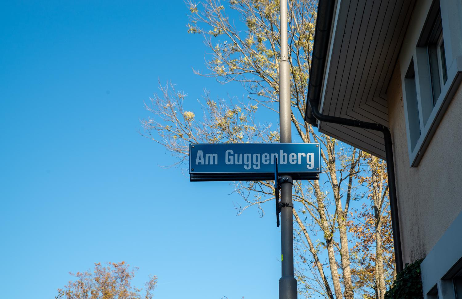 A blue "Am Guggenberg" street sign on a metallic pole next to a pink building perpendicular to the street, with trees and blue sky in the background