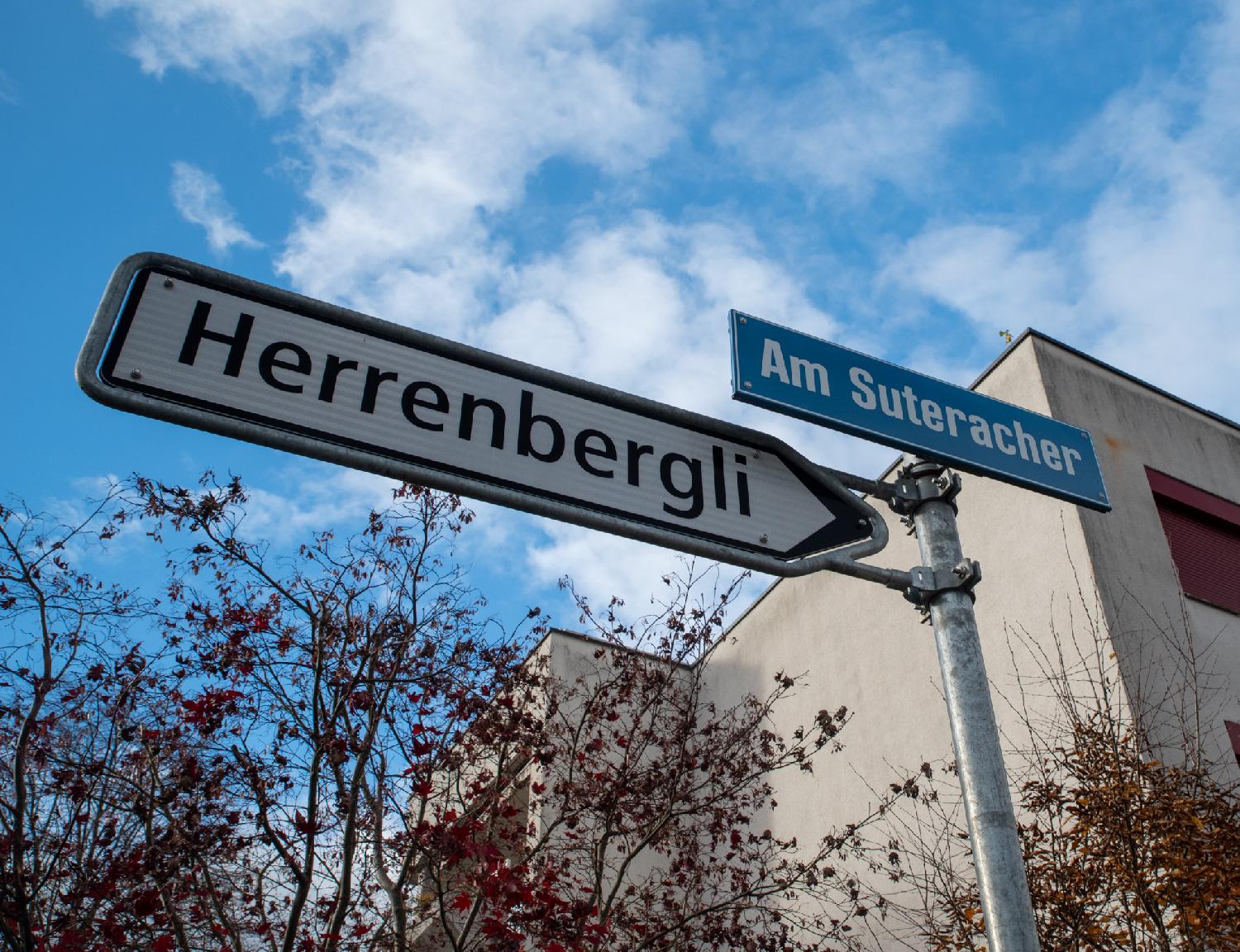 A metallic pole in front of a building and trees with a blue "Am Suteracher" street sign and an arrow pointing to the right in the direction of "Herrenbergli".