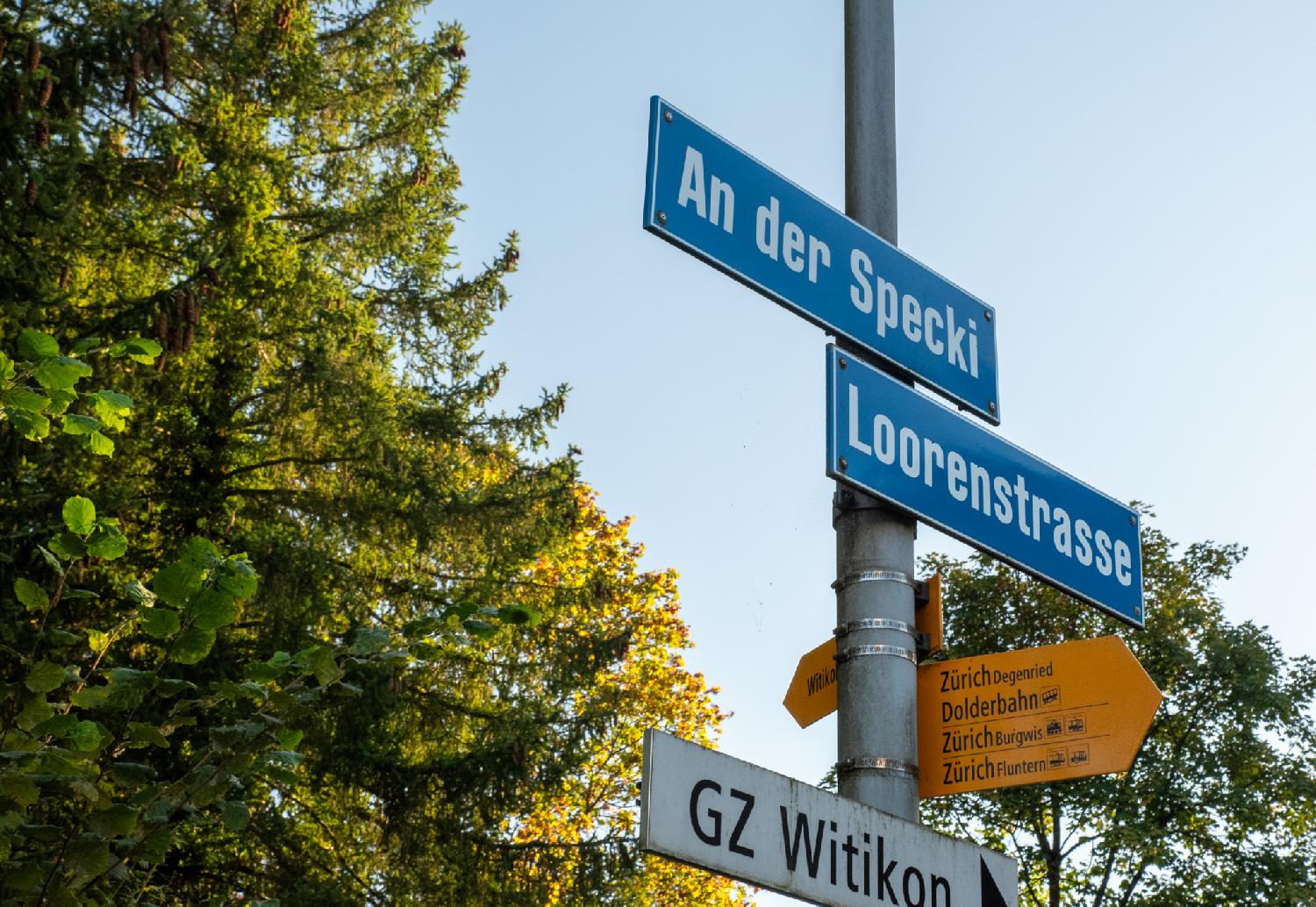 A pole with two blue street signs ("An der Specki" and "Loorenstrasse") and, perpendicular to them, yellow hiking signs to nearby tram stops. There are trees in the background.