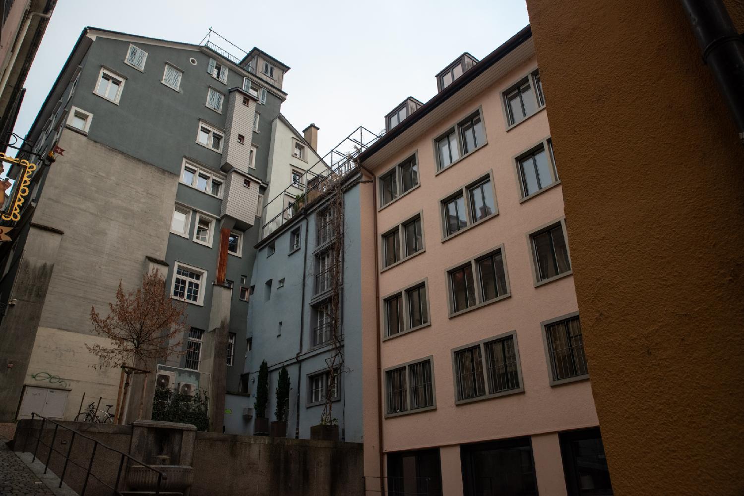 A small square between high buildings with a tree and a small fountain.
