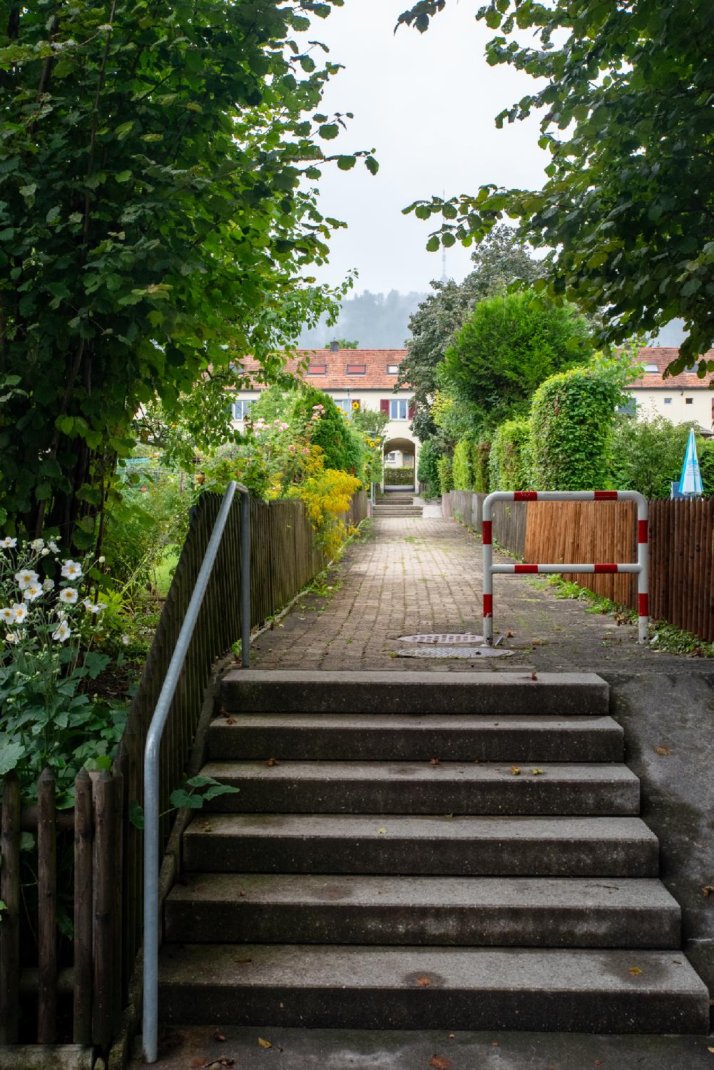 A small stair leading to a paved road with hedges and greenery on each side, and an arch in a building in the background (in front of the Uetliberg in the haze).