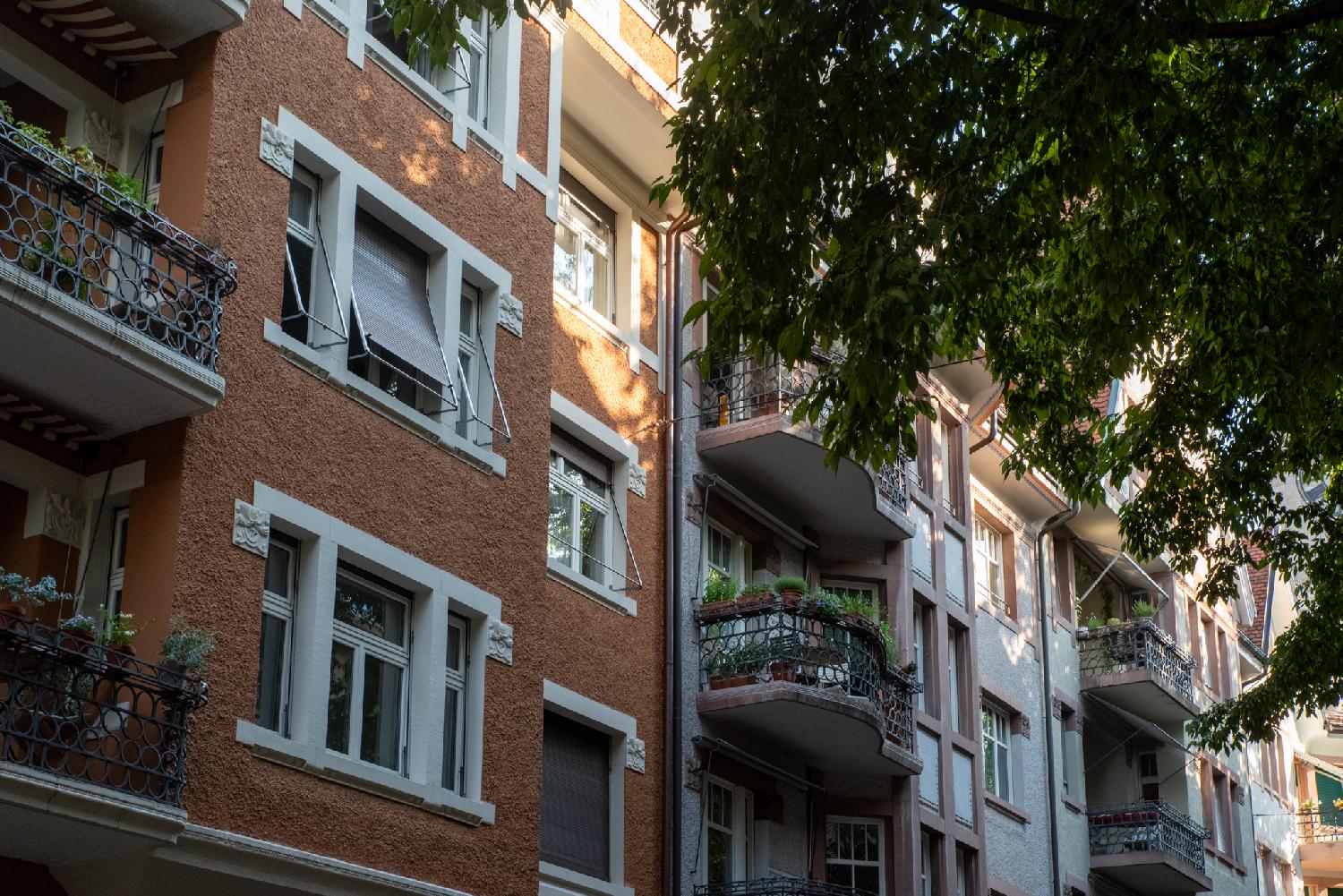 Low rises building windows, with balconies with metallic grids and plants, with a tree partly hiding them.