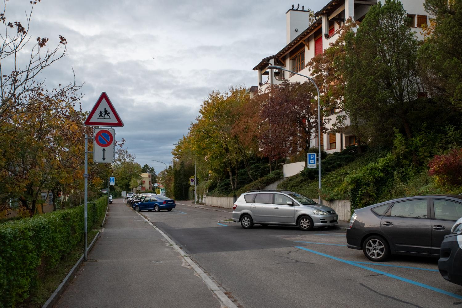 A narrow street with blue angled parking spaces on each side of the street. There's a hedge on the left side, and the 4-storey building on the left is elevated compared to the level of the street.