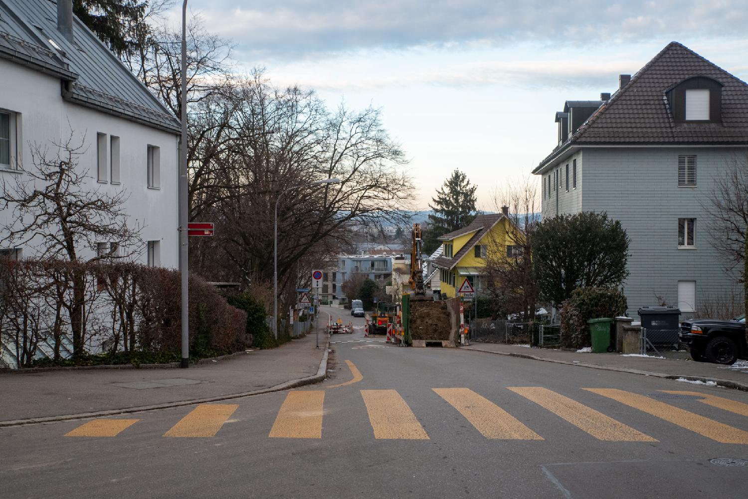 A street with 3-4 story buildings with gabled roofs, a construction vehicle and some road works, and a yellow zebra in the foreground.