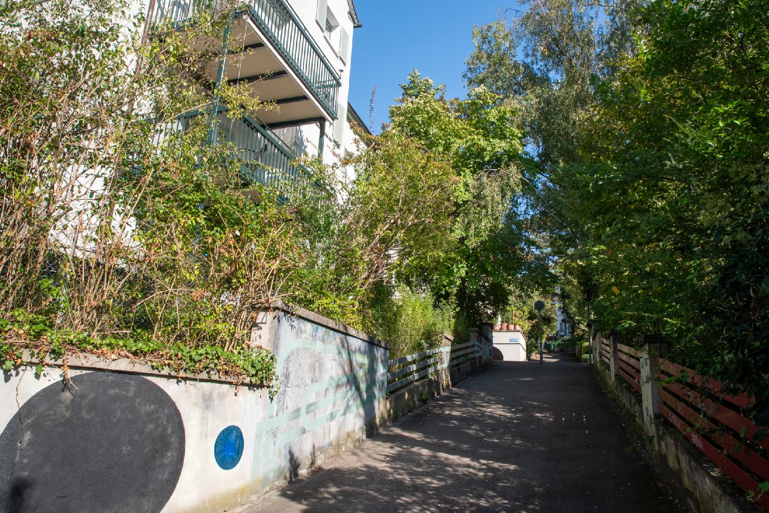 A narrow street going up, with stone and wooden fences on each side, trees hiding what's behind, and a couple of residential building