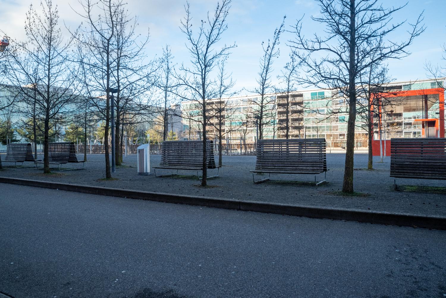 A park with gravel, some leafless trees, in front of buildings. There are wooden benches with high backrests.