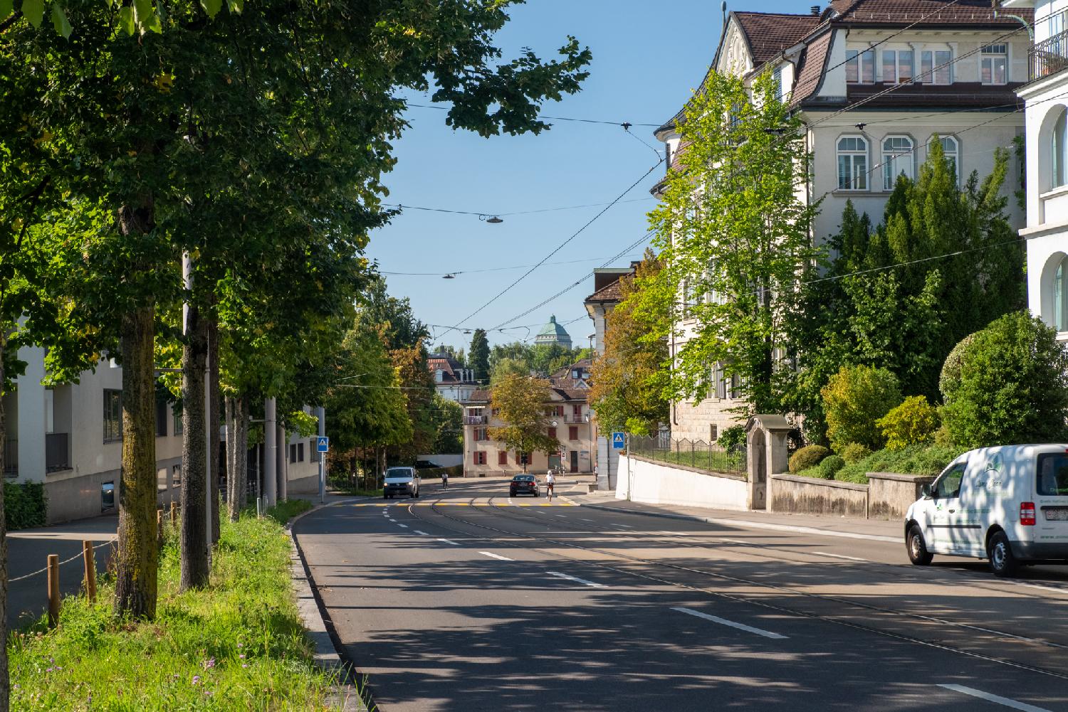 A street with buildings and trees on each side and tram rails in the middle. A green cupola is visible in the background.