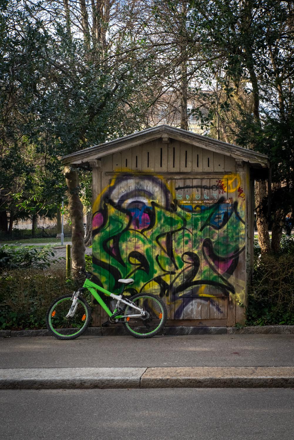A wooden shed at the boundary of a park, with graffiti on it and a green bike against it.
