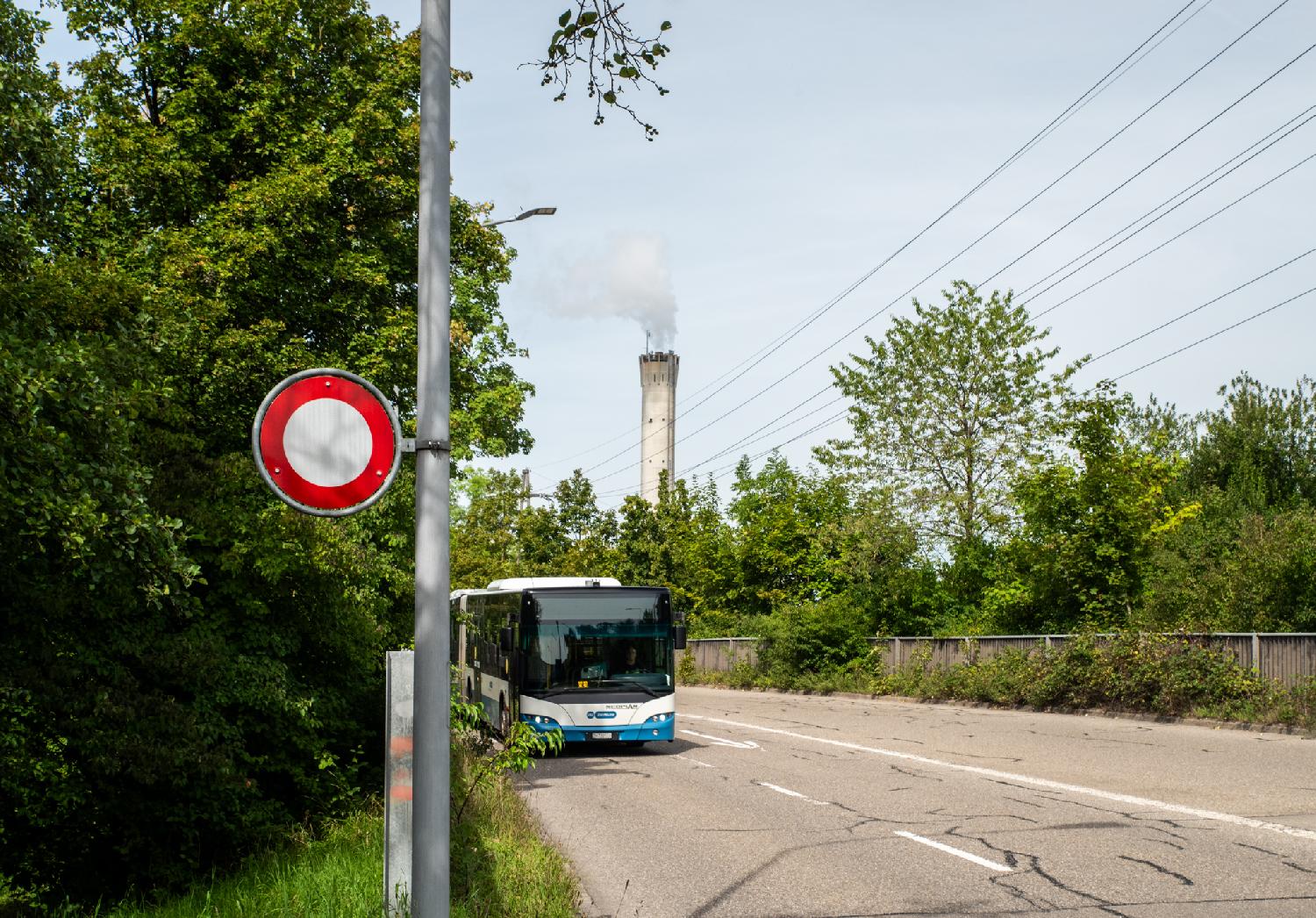 A one-way street with trees on both sides and a city bus, with a grey chimney in the background