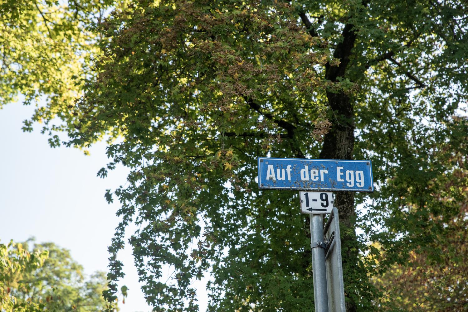 A blue "Auf der Egg" sign in front of trees
