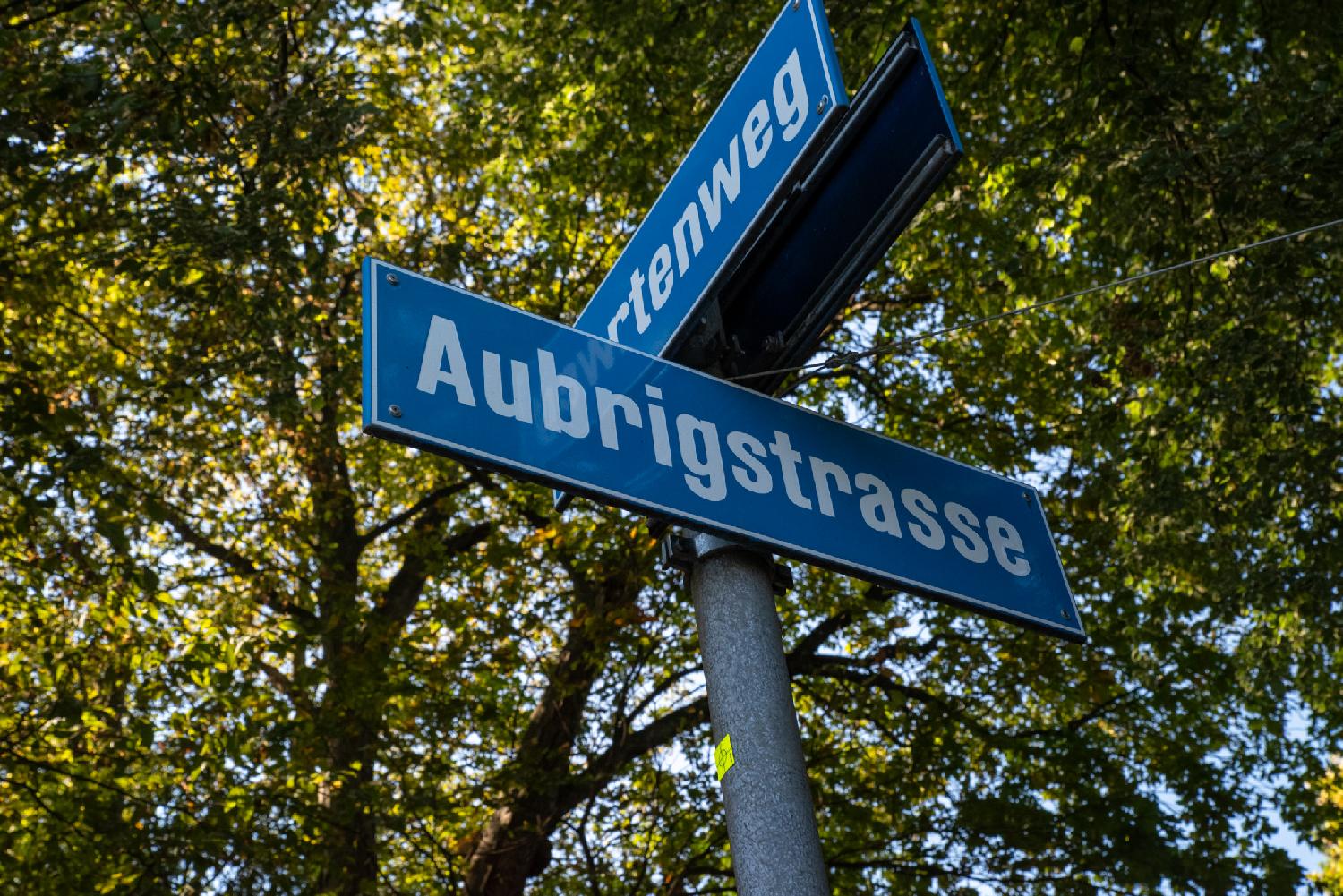 Two blue street signs on a metallic pole in front of tree foliage. The readable sign shows Aubrigstrasse.