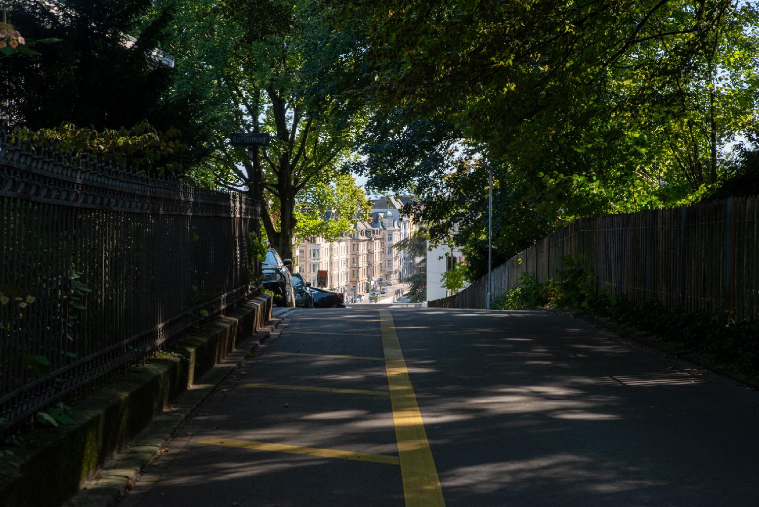 A narrow street darkened by trees, with fences on each side. In the background, there are some buildings on a lower street level.