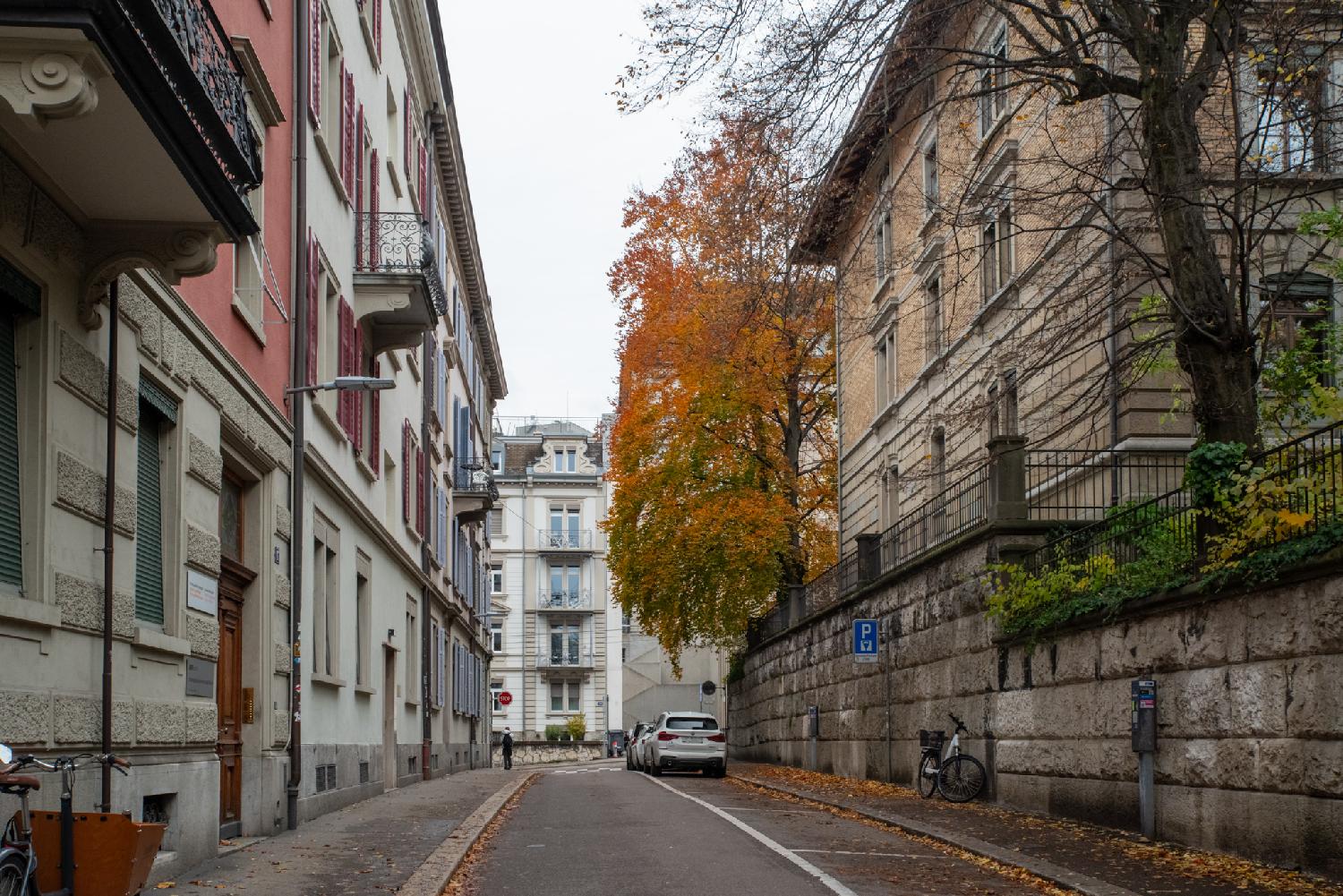 A narrow street going uphill with 4-storey residential buildings on both sides and in the perpendicular road. A tree in the background is losing orange leaves on the ground.