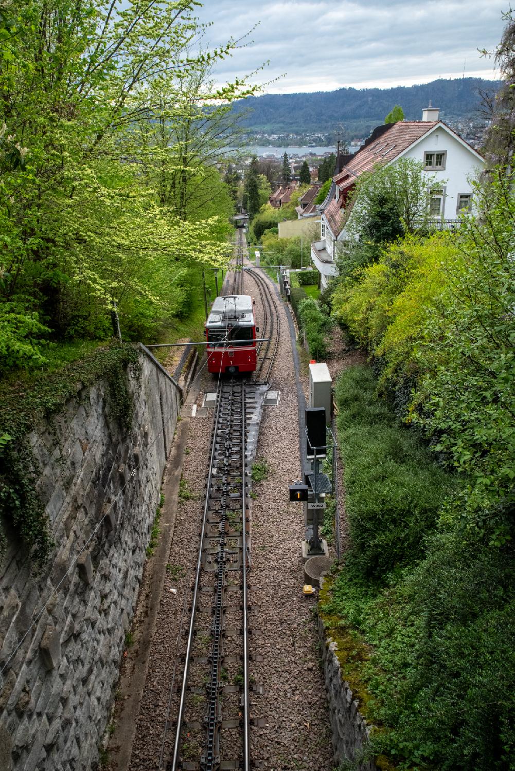 A rack railway going down a hill, as seen from above, with a house on the right side and a lake and the Uetliberg in the background. There is a red and white train on the rails.