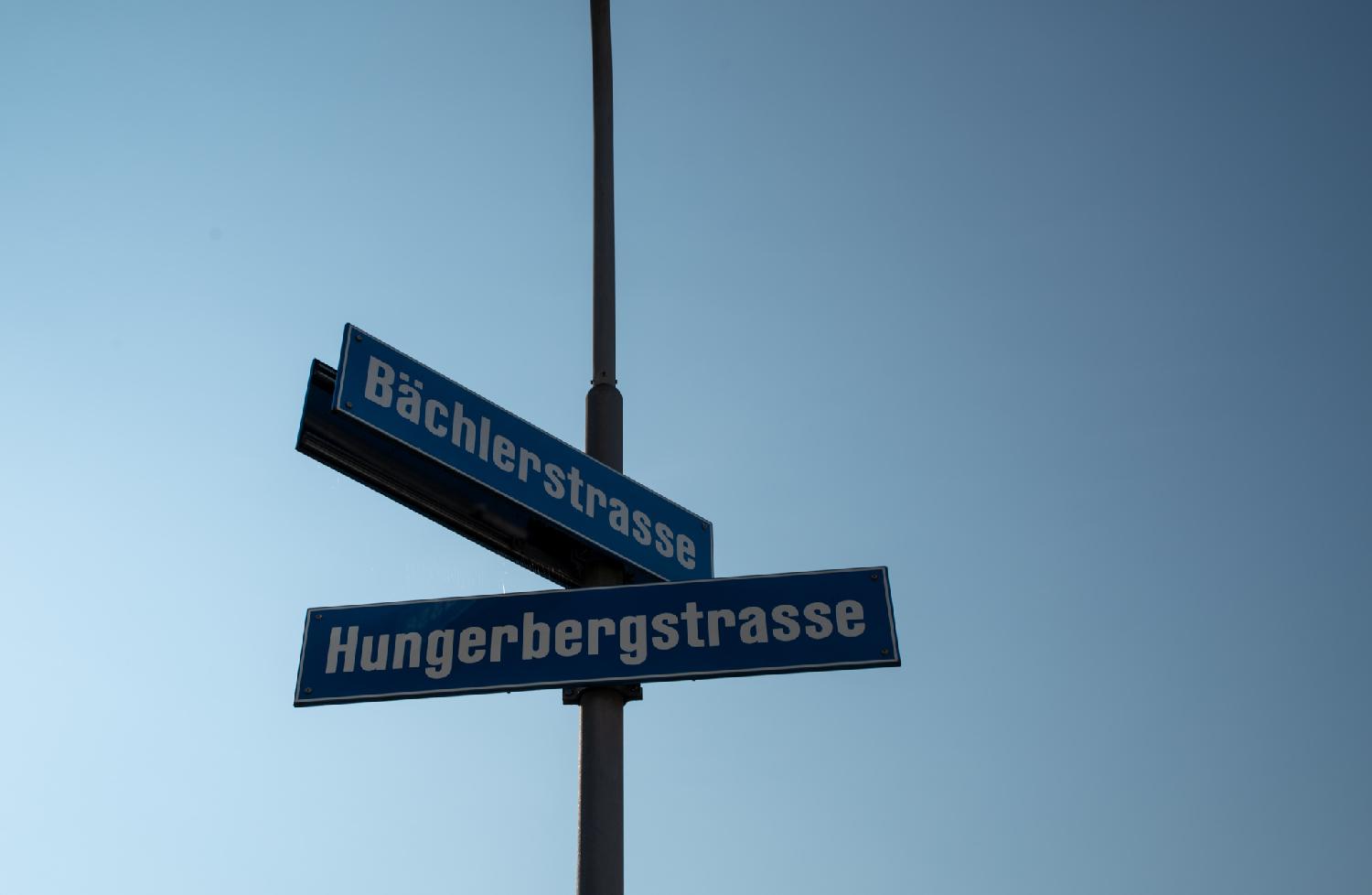A metallic pole with blue street signs for Bächlerstrasse and Hungerbergstrasse