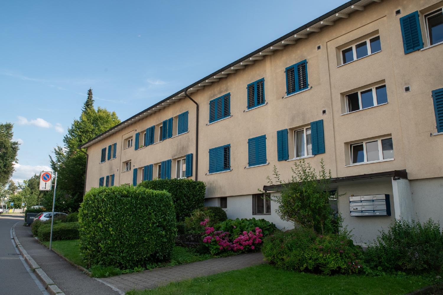 A 3-story yellow building with bule blinds and a bush of pink hortensia in front of it