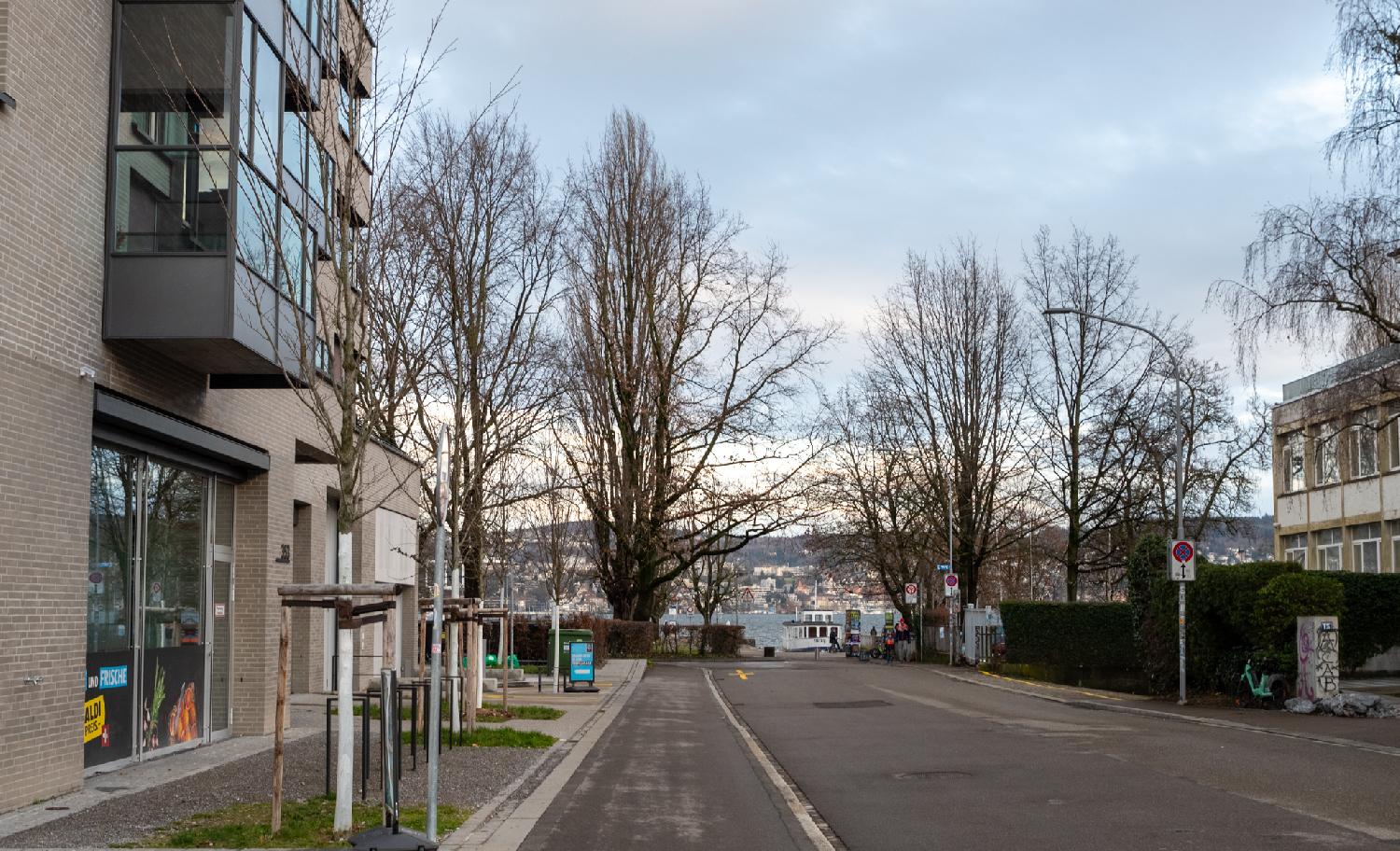 A narrow street with a few buildings on each side, some trees in the background, and the Zürich lake behind the trees, with a small boat moored.