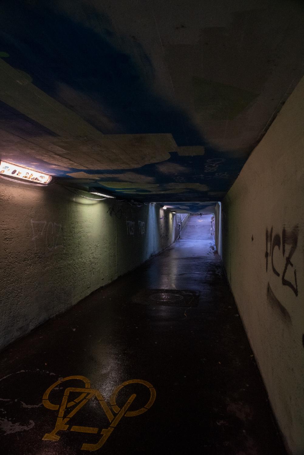 A short pedestrian and bike tunnel, dark with only a few lamps, some FCCZ tags on the walls and a yellow bike sign on the floor