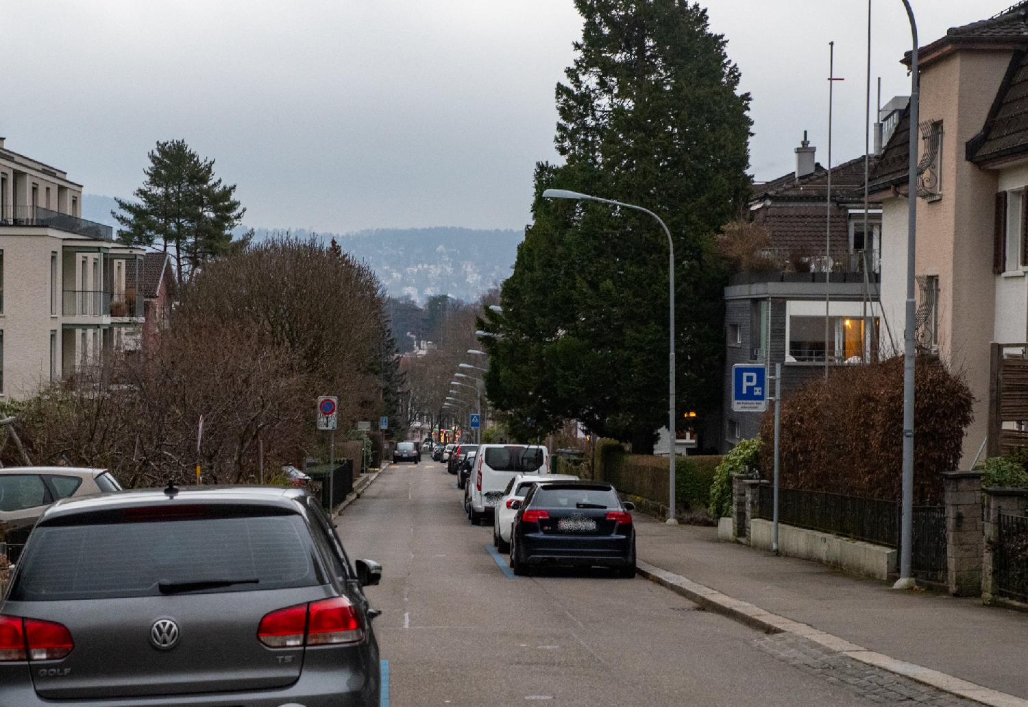 A street with residential buildings, trees and cars on both sides, and a hazy hill in the background