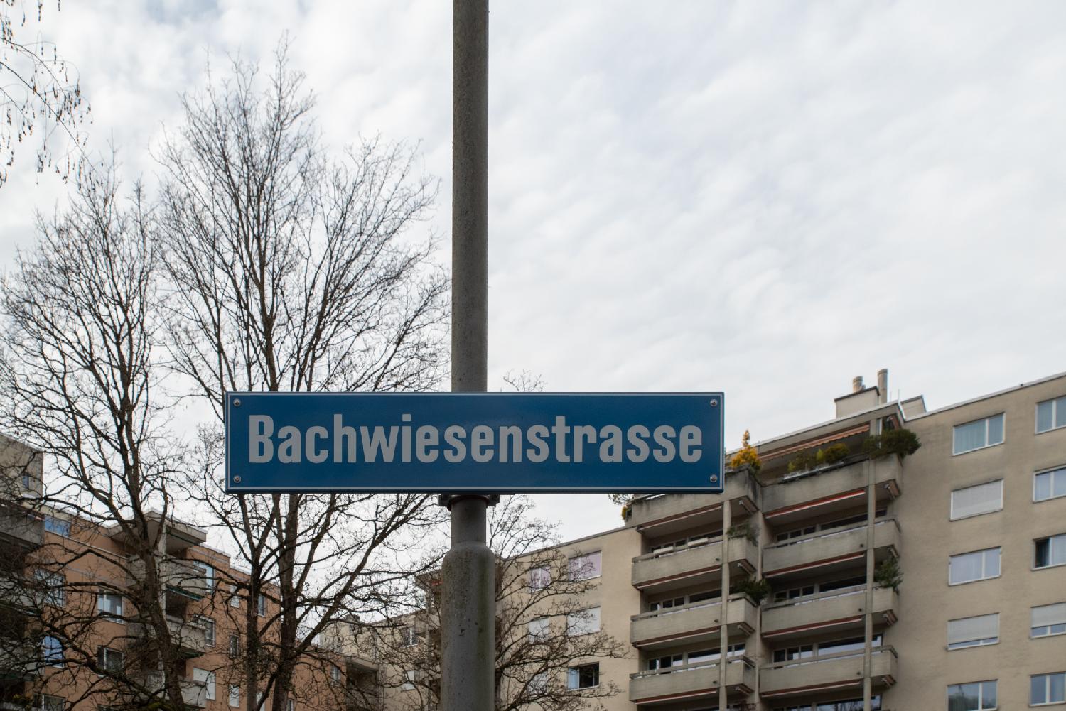 A metallic pole with a blue street sign for Bachwiesenstrasse, in front of residential high buildings.