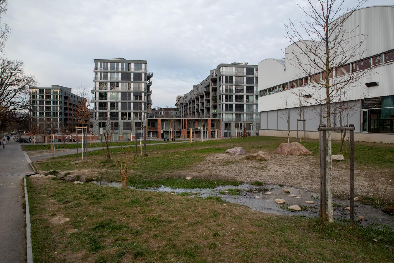 In the foreground, a stream flowing in the middle of a grass area. In the background, three long 7-story residential buildings, looking fairly new with a lot of large windows.