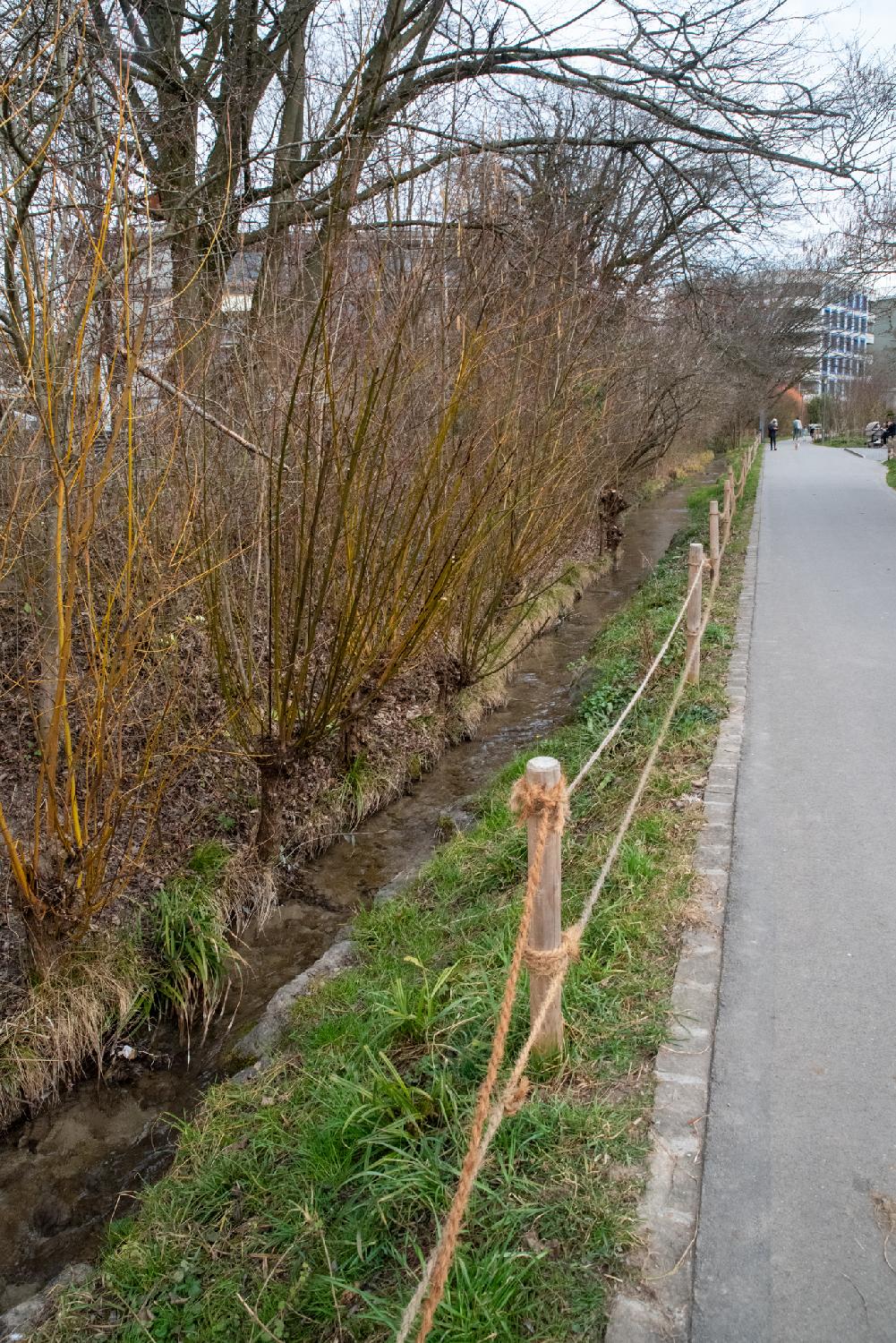 A pedestrian path with buildings in the background, and a small stream overshadowed by thin vegetation on the left, separated from the path by a wooden and rope fence