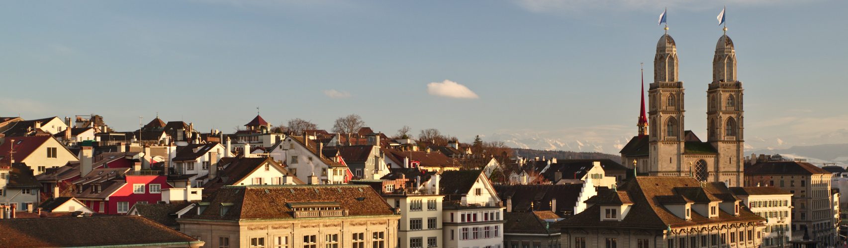 Zürich seen from Lindenhof; Grossmünster and the Alps in the background